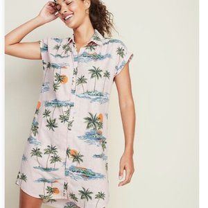 Super Cute Pink Linen shirt dress with Palm Tree pattern